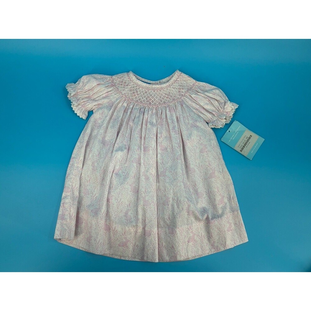 Anavini Baby Girls 6M Pink Bunny Print Smocked Bishop Dress NWT Easter